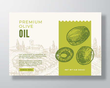 Olive Oil Label Template. Abstract Vector Packaging Design Layout. Modern Typography Banner with Hand Drawn Green Olives and Rural Landscape Background. Isolated