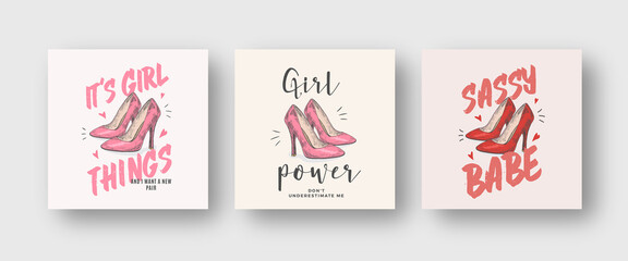 Girl Power Abstract Vector Apparel Illustrations Set. Hand Drawn High Heel Pink and Red Shoes with Slogans and Girlie Typography. Trendy T-shirt Design Templates Collection. Isolated