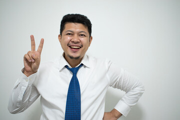 Happy young business man in classic blue shirt tie. Achievement career wealth business concept. Mock up copy space
