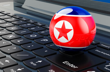 North Korean flag on laptop keyboard. Online business, education, shopping in North Korea concept. 3D rendering