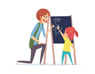 Fototapeta premium Girl drawing chalk. Little baby learning draw, teacher and kid. Isolated cartoon woman, nanny or babysitter vector illustration