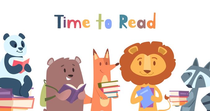 Reading animals. Wild animal with books, lion fox bear panda read vector banner