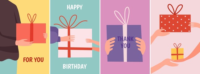Cards with gift. Hands holding present boxes, thank you happy birthday vector banners
