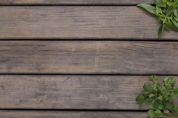 overhead view of rustic wood base with coriander and basil in the corners