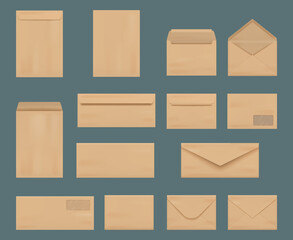 Craft envelopes. Business identity stationery a4 printing mockup collection vintage letters from craft paper decent vector realistic pictures set
