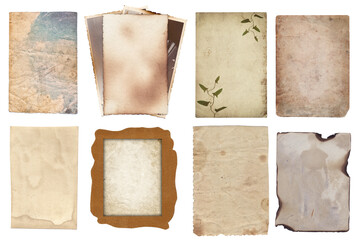 Bunch of Old vintage texture retro paper with burned edges, stains and scratches background