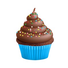 Chocolate cupcake. Realistic cake, sweet dessert with decorative choco and bonbons. Isolated vector biscuit and cocoa creamy cap