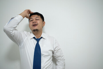 Happy young business man in classic blue shirt tie. Achievement career wealth business concept. Mock up copy space