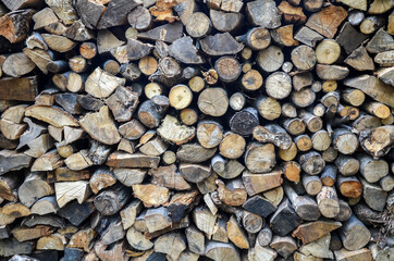 Heap of wooden logs. Dry chopped pile of firewood. Texture or background 