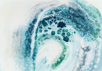 Fluid abstract acrylic painting. Mixed white, blue, green and gray colors. Liquid trendy background for wallpapers, posters, cards, invitations, websites. Modern art