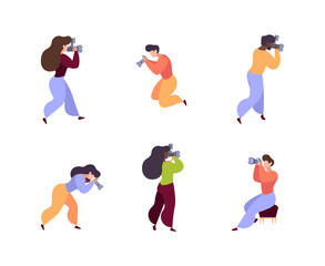 Photographers. Professional workers with digital cameras paparazzi woman posing interesting hobby garish vector photographer characters