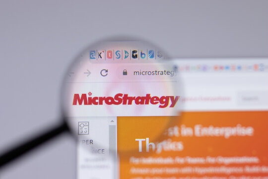 New York, USA - 26 April 2021: MicroStrategy logo close-up on website page, Illustrative Editorial.