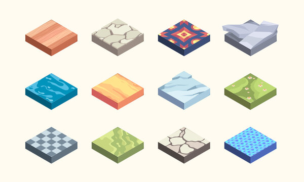 Isometric ground platforms. Rock and earth surfaces grass layers textures for games garish vector illustrations set