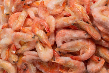 Fresh shrimps in ice. Top view.