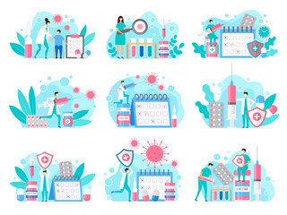 Covid prevention. Characters making injection healthcare stylized illustrations collection liquid drugs and antibiotics in syringe recent vector set