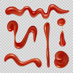 Tomato sauce. Red ketchup pasta splashes flow spread liquid sauce 3d realistic decent vector illustrations isolated