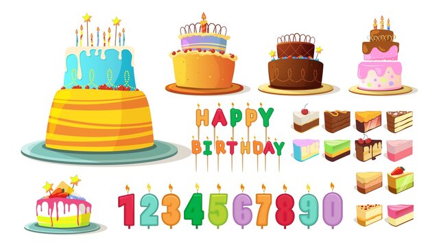 Birthday cake. Happy anniversary party cakes, bakery icons. Cartoon cream sweets, delicious baked. Numbers and letters with candles vector festive bundle