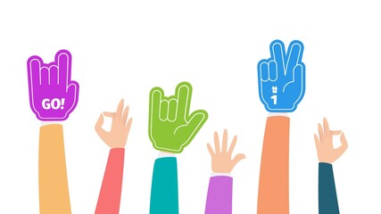 Fans hands up. Foam fingers hand, cheering gloves and human positive gestures. People greeting vector banner