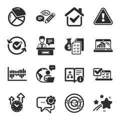 Set of Education icons, such as Column diagram, Pie chart, Graph laptop symbols. Technical algorithm, Online survey, Time management signs. Accounting wealth, Targeting, Approved. Keywords. Vector