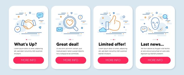 Set of People icons, such as Search love, Like, Handshake symbols. Mobile screen banners. Face detection line icons. Dating service, Thumbs up, Deal hand. Detect person. Search love icons. Vector