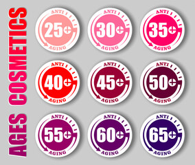 Anti-age concept stamps with different age and back time clock symbol. Creative vector set of anti-aging circle icons for marking anti wrinkles cosmetics product packaging signs