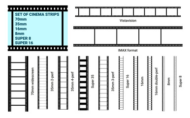 Old retro film strip frame set isolated on white background. Reel cinema filmstrip template. Graphic element. Vector illustration. Vistavision, super 8, super 16, Imax, 70mm, 35mm, 8mm, 16mm.