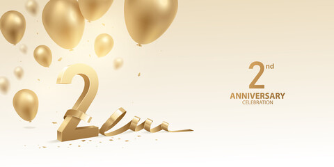 2nd Anniversary celebration background. 3D Golden numbers with bent ribbon, confetti and balloons.
