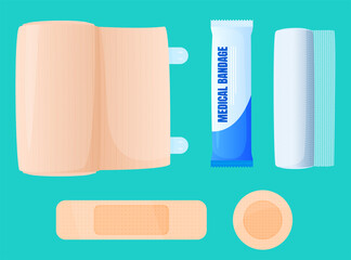 Set of adhesive plasters and bandages. Human health. Vector illustration.