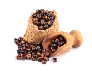 Guarana seed in bag and wooden scoop, isolated on white background. Dietary supplement guarana, caffeine cource for energy drinks.