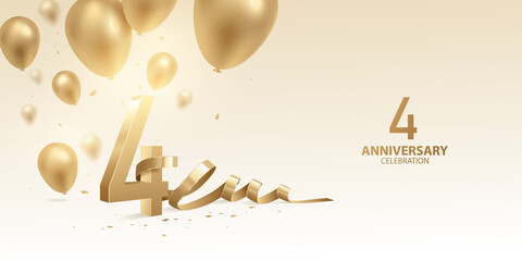 4th Anniversary celebration background. 3D Golden numbers with bent ribbon, confetti and balloons. - obrazy, fototapety, plakaty