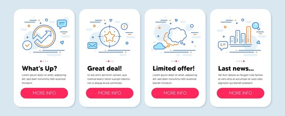 Set of Education icons, such as Speech bubble, Star target, Audit symbols. Mobile screen app banners. Graph chart line icons. Chat message, Winner award, Arrow graph. Growth report. Vector