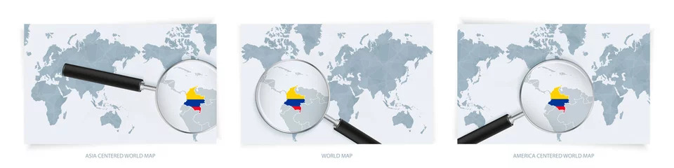 Fototapeten Blue Abstract World Maps with magnifying glass on map of Colombia with the national flag of Colombia. Three version of World Map. © boldg