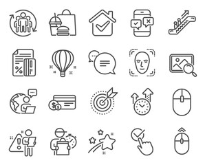 Fototapeta na wymiar Technology icons set. Included icon as Payment method, Escalator, Text message signs. Face detection, Air balloon, Search photo symbols. Target purpose, Swipe up, Phone survey. Teamwork. Vector