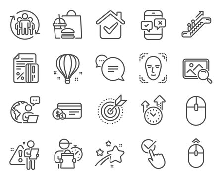 Technology icons set. Included icon as Payment method, Escalator, Text message signs. Face detection, Air balloon, Search photo symbols. Target purpose, Swipe up, Phone survey. Teamwork. Vector