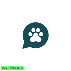 paw print icon and bubble speech icon talking pet symbol vector illustration logo template 