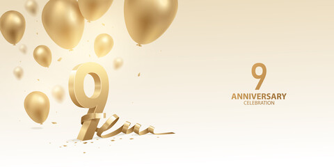 9th Anniversary celebration background. 3D Golden numbers with bent ribbon, confetti and balloons. - obrazy, fototapety, plakaty