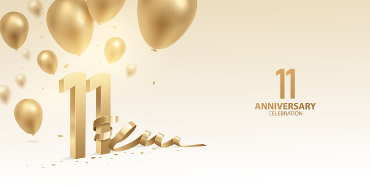 11th Anniversary celebration background. 3D Golden numbers with bent ribbon, confetti and balloons.