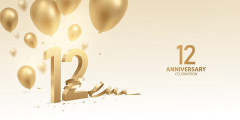 12th Anniversary celebration background. 3D Golden numbers with bent ribbon, confetti and balloons.