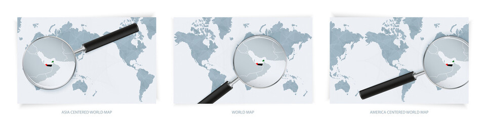 Blue Abstract World Maps with magnifying glass on map of United Arab Emirates with the national flag of United Arab Emirates. Three version of World Map.