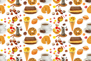 Seamless pattern. Coffee, ice cream, pastries, jelly and chocolate candies isolated on white.