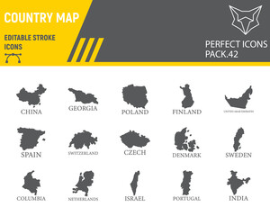 Map of country glyph icon set, country collection, vector graphics, logo illustrations, map countries vector icons, travel signs, solid pictograms, editable stroke