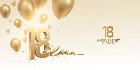 18th Anniversary celebration background. 3D Golden numbers with bent ribbon, confetti and balloons. - obrazy, fototapety, plakaty