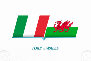 Italy vs Wales in European Football Competition, Group A. Versus icon on Football background.