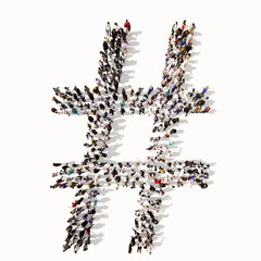 Concept or conceptual large community of people forming the #  font. 3d illustration metaphor for unity and diversity, humanitarian, teamwork, cooperation, education, friendship and community