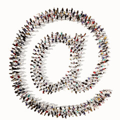 Concept or conceptual large community of people forming the @ font. 3d illustration metaphor for unity and diversity, humanitarian, teamwork, cooperation, education, friendship and community