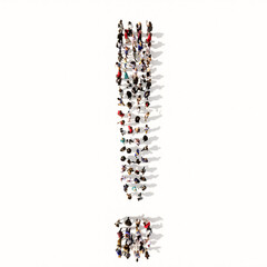 Concept or conceptual large community of people forming the ! font. 3d illustration metaphor for unity and diversity, humanitarian, teamwork, cooperation, education, friendship and community