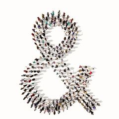 Concept or conceptual large community of people forming the & font. 3d illustration metaphor for unity and diversity, humanitarian, teamwork, cooperation, education, friendship and community