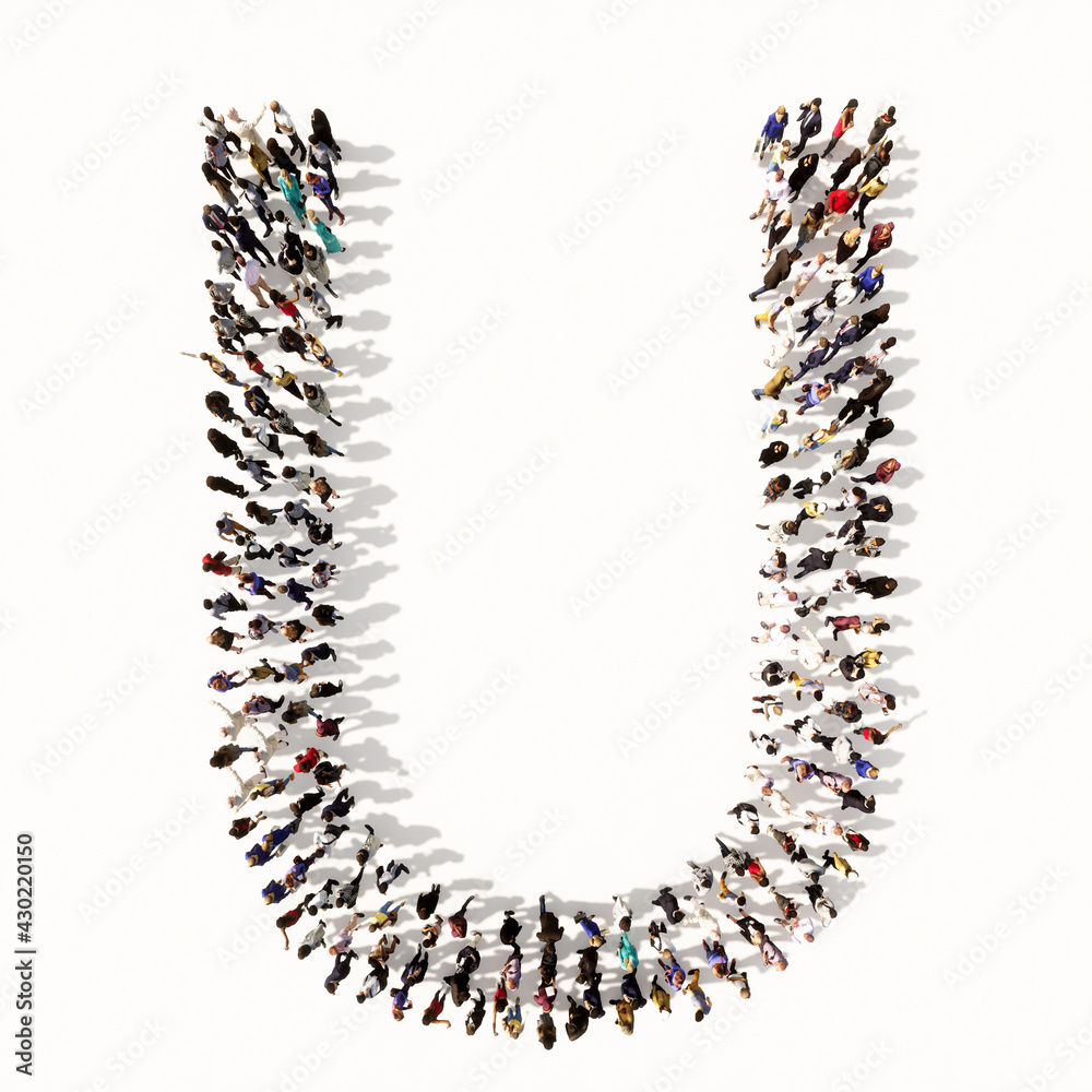 Fototapete concept or conceptual large community of people forming the font u. 3d illustration metaphor for uni