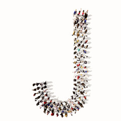 Concept or conceptual large community of people forming the font J. 3d illustration metaphor for unity and diversity, humanitarian, teamwork, cooperation, education, friendship and community