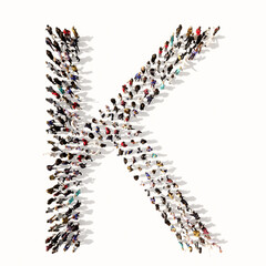 Concept or conceptual large community of people forming the font K. 3d illustration metaphor for unity and diversity, humanitarian, teamwork, cooperation, education, friendship and community